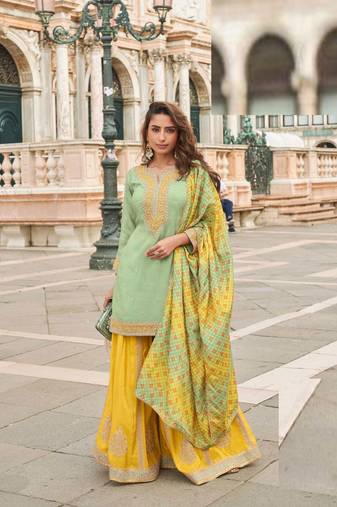 Sea green silk sharara with zari, sequin work & printed dupatta, fits up to size 42.