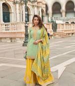 Sea green silk sharara with zari, sequin work & printed dupatta, fits up to size 42.