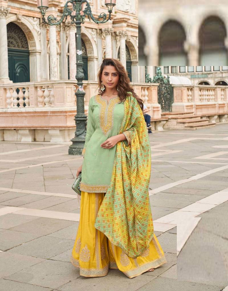 Sea green silk sharara with zari, sequin work & printed dupatta, fits up to size 42.