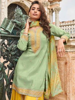 Sea green silk sharara with zari, sequin work & printed dupatta, fits up to size 42. 2