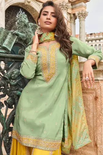 Sea green silk sharara with zari, sequin work & printed dupatta, fits up to size 42.