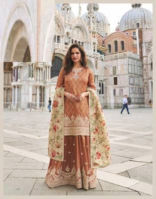 Brown zari embroidered silk sharara with sequin, digital print dupatta, fits up to size 42. 1