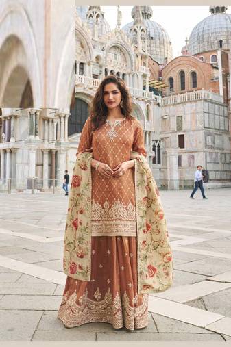 Brown zari embroidered silk sharara with sequin, digital print dupatta, fits up to size 42.