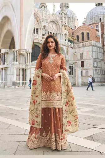 Brown zari embroidered silk sharara with sequin, digital print dupatta, fits up to size 42.