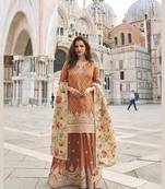 Brown zari embroidered silk sharara with sequin, digital print dupatta, fits up to size 42.
