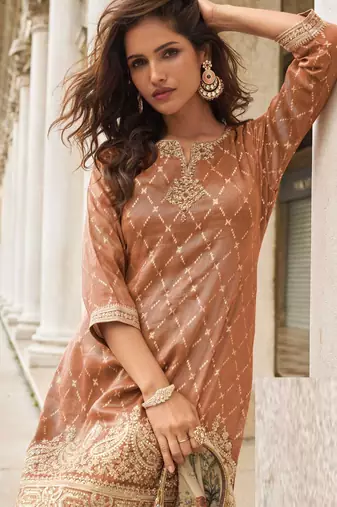 Brown zari embroidered silk sharara with sequin, digital print dupatta, fits up to size 42.