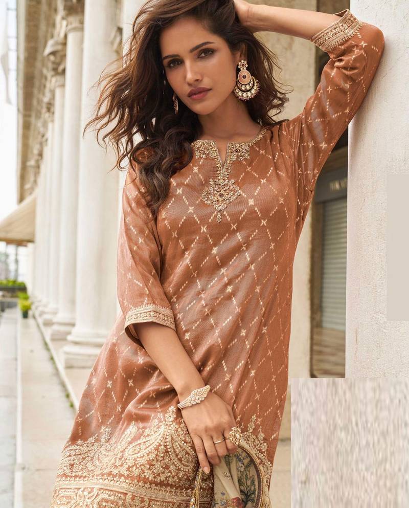Brown zari embroidered silk sharara with sequin, digital print dupatta, fits up to size 42.