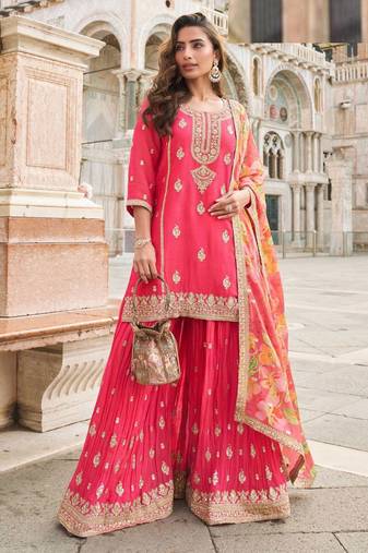 Pink silk sharara with zari, sequin embroidery & printed dupatta, free size stitching up to 42".