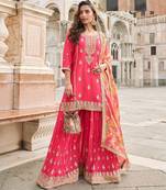 Pink silk sharara with zari, sequin embroidery & printed dupatta, free size stitching up to 42".