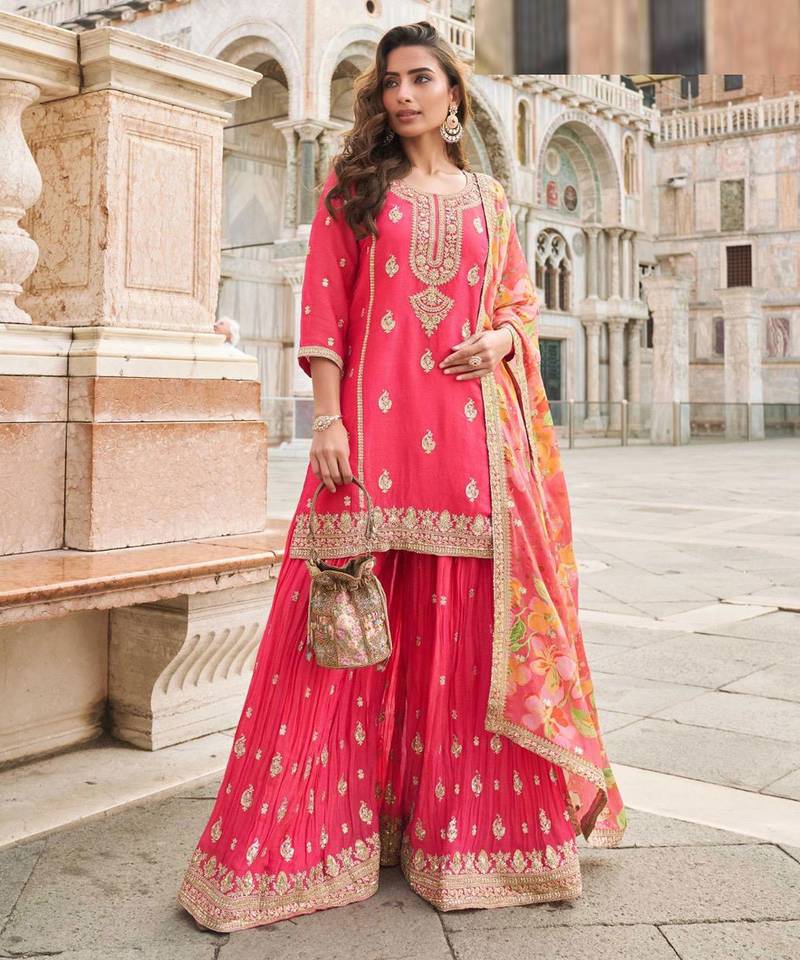 Pink silk sharara with zari, sequin embroidery & printed dupatta, free size stitching up to 42".