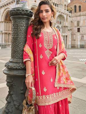 Pink silk sharara with zari, sequin embroidery & printed dupatta, free size stitching up to 42". 2