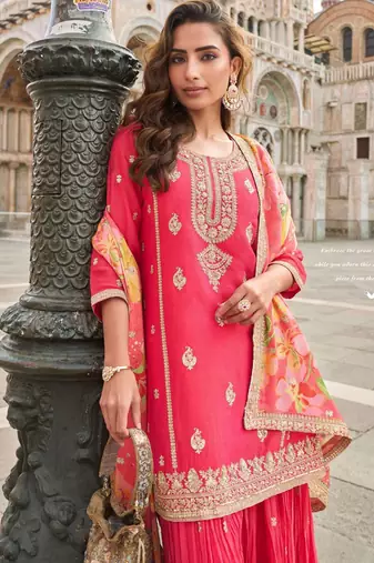 Pink silk sharara with zari, sequin embroidery & printed dupatta, free size stitching up to 42".