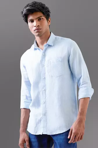 Classic blue solid pure linen shirt