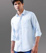 Classic blue solid pure linen shirt