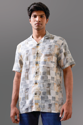 Olive green printed pure linen shirt