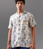 Olive green printed pure linen shirt