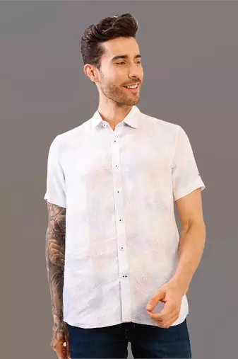 White printed half sleeve pure linen shirt