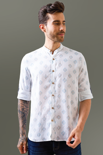 White printed mandarin collar pure linen shirt