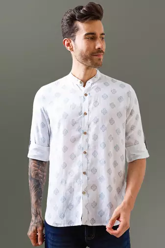 White printed mandarin collar pure linen shirt