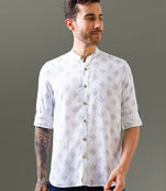 White printed mandarin collar pure linen shirt