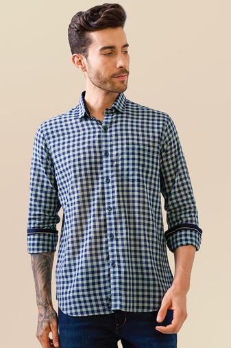 Blue-green check handloom cotton shirt