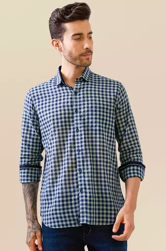 Blue-green check handloom cotton shirt