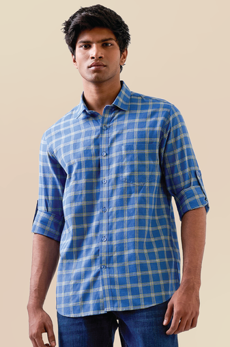 Marine blue check handloom cotton shirt