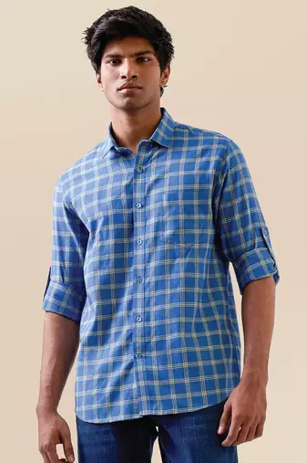 Marine blue check handloom cotton shirt