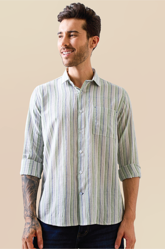 Green-blue striped handloom cotton shirt