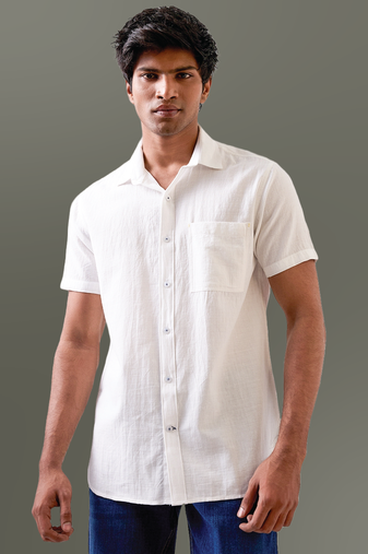 White self-textured half sleeve handloom cotton shirt