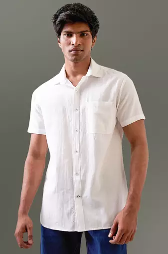 White self-textured half sleeve handloom cotton shirt