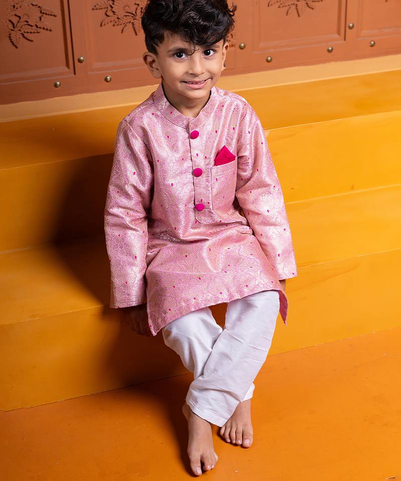 Pink embroidered brocade kurta set