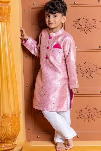 Pink embroidered brocade kurta set