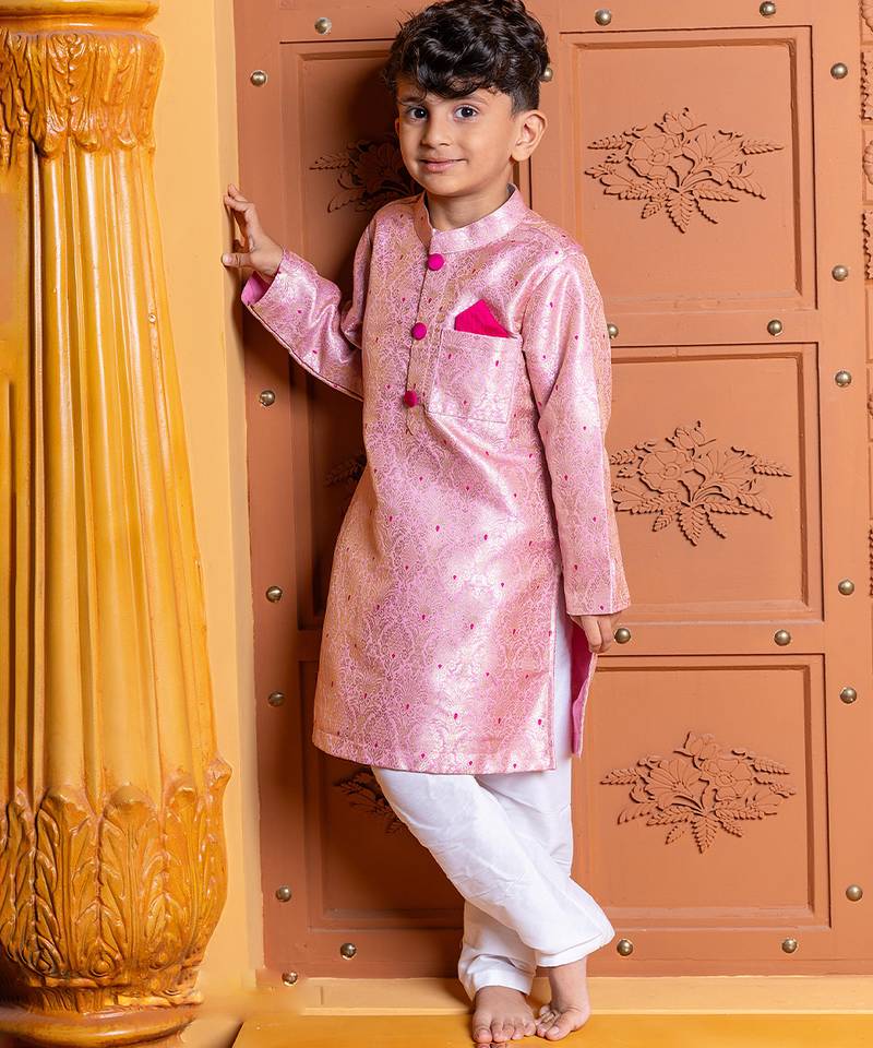Pink embroidered brocade kurta set