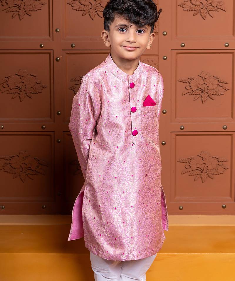 Pink embroidered brocade kurta set