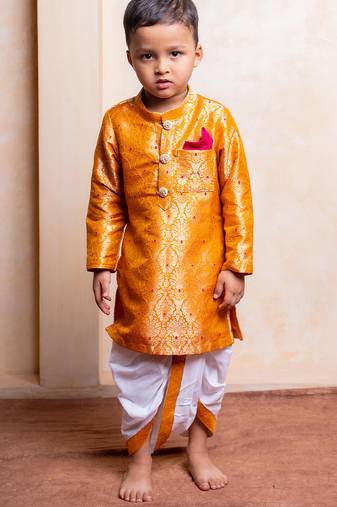 Mustard embroidered brocade kurta set