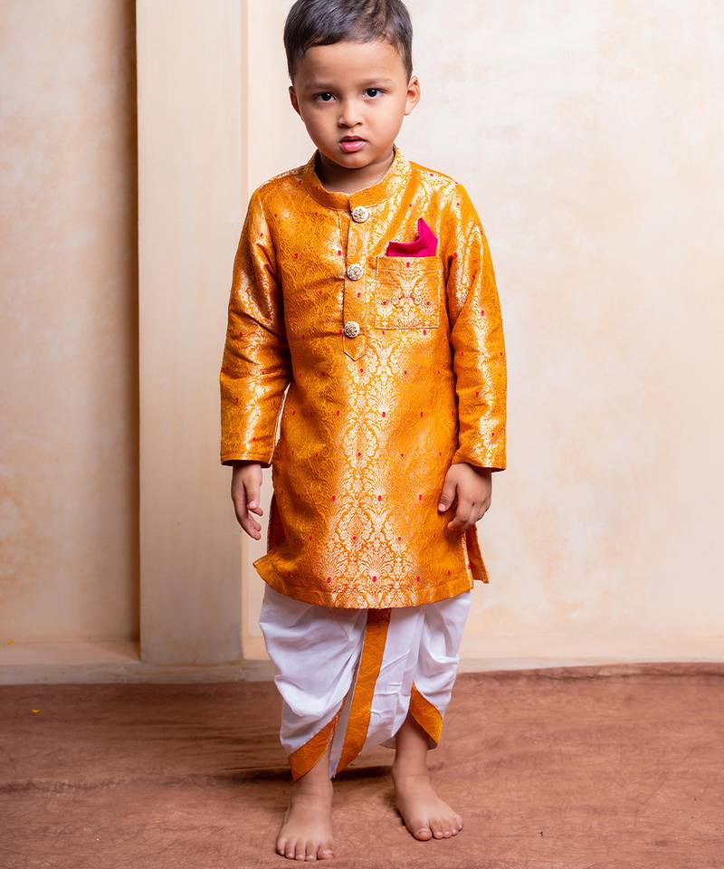 Mustard embroidered brocade kurta set