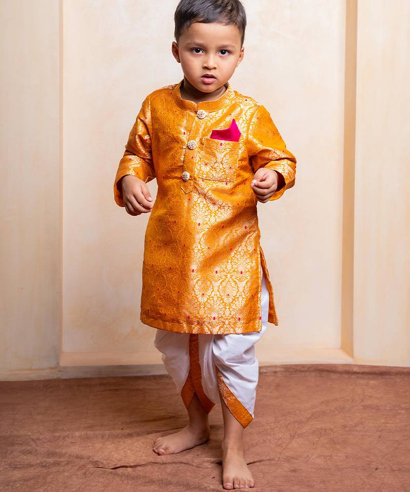 Mustard embroidered brocade kurta set