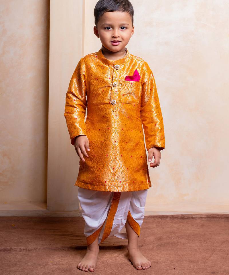 Mustard embroidered brocade kurta set