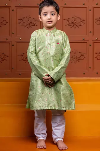 Green embroidered brocade kurta set