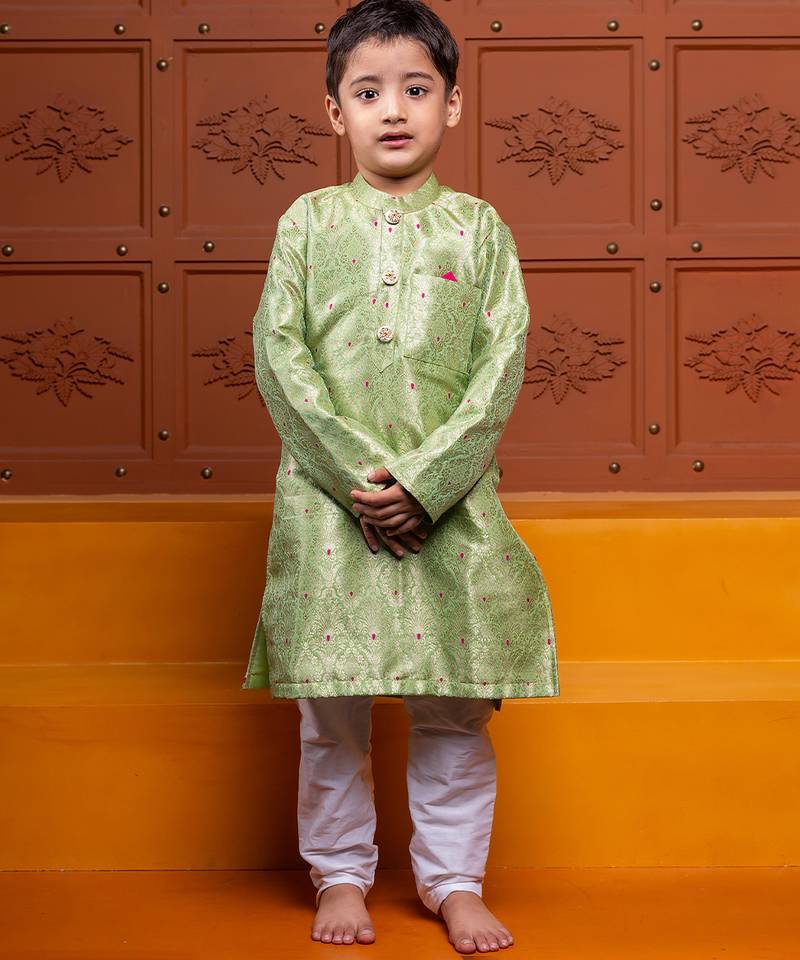 Green embroidered brocade kurta set