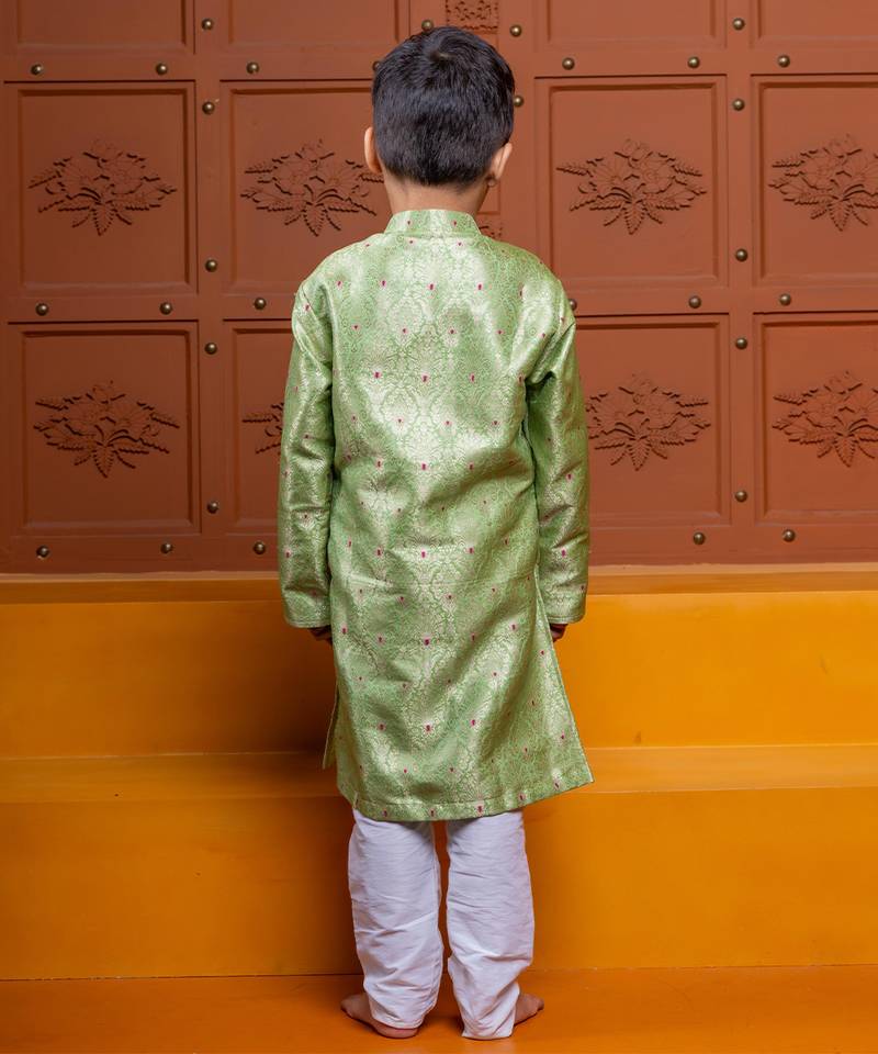 Green embroidered brocade kurta set