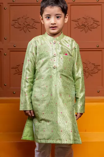 Green embroidered brocade kurta set