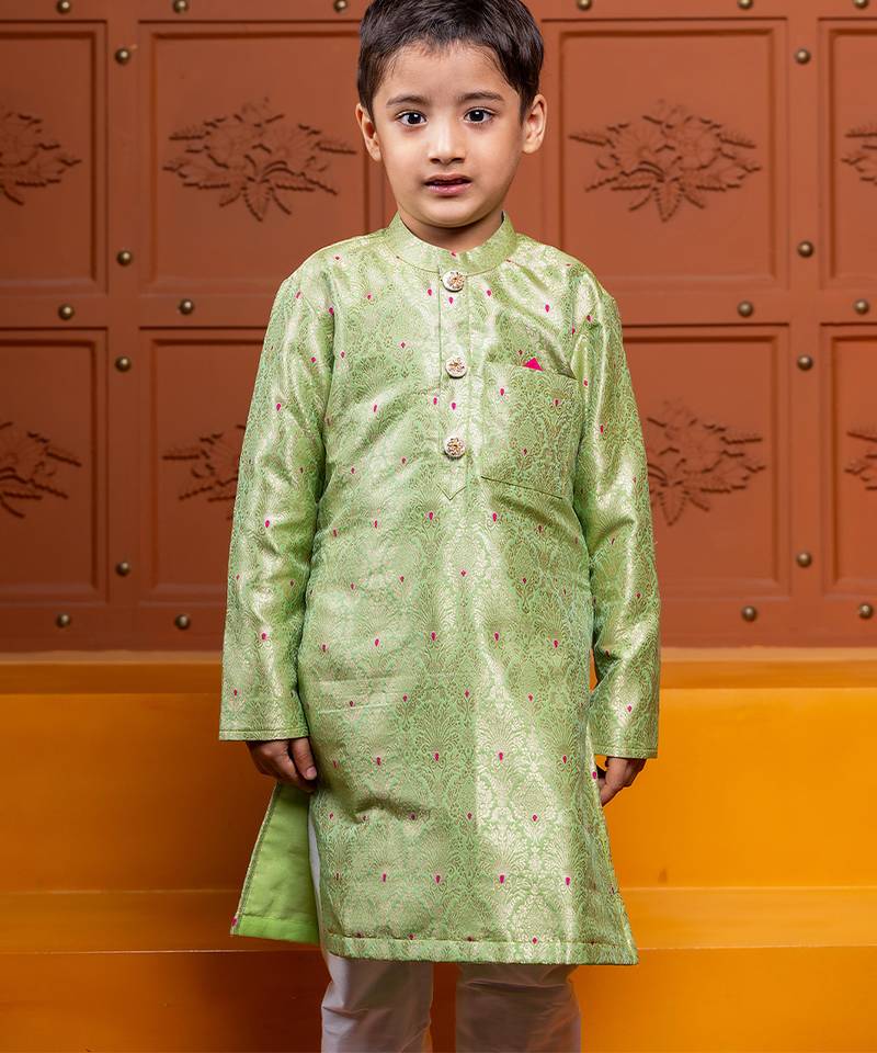 Green embroidered brocade kurta set