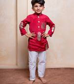 Red embroidered crepe kurta set