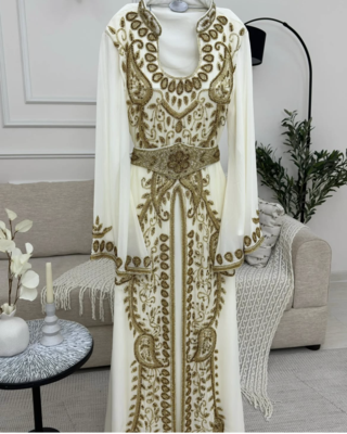 Ivory White & Gold Heavy Embroidered Moroccan Stitched Kaftan Party & Wedding Wear Gown 1