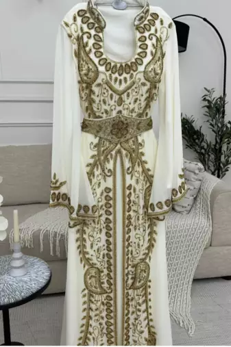 Ivory White & Gold Heavy Embroidered Moroccan Stitched Kaftan Party & Wedding Wear Gown