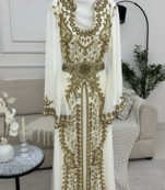 Ivory White & Gold Heavy Embroidered Moroccan Stitched Kaftan Party & Wedding Wear Gown