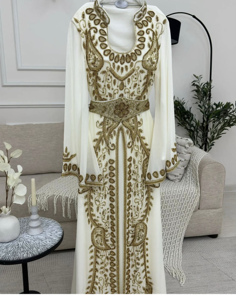 Ivory White & Gold Heavy Embroidered Moroccan Stitched Kaftan Party & Wedding Wear Gown