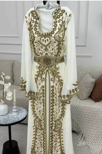 Ivory White & Gold Heavy Embroidered Moroccan Stitched Kaftan Party & Wedding Wear Gown